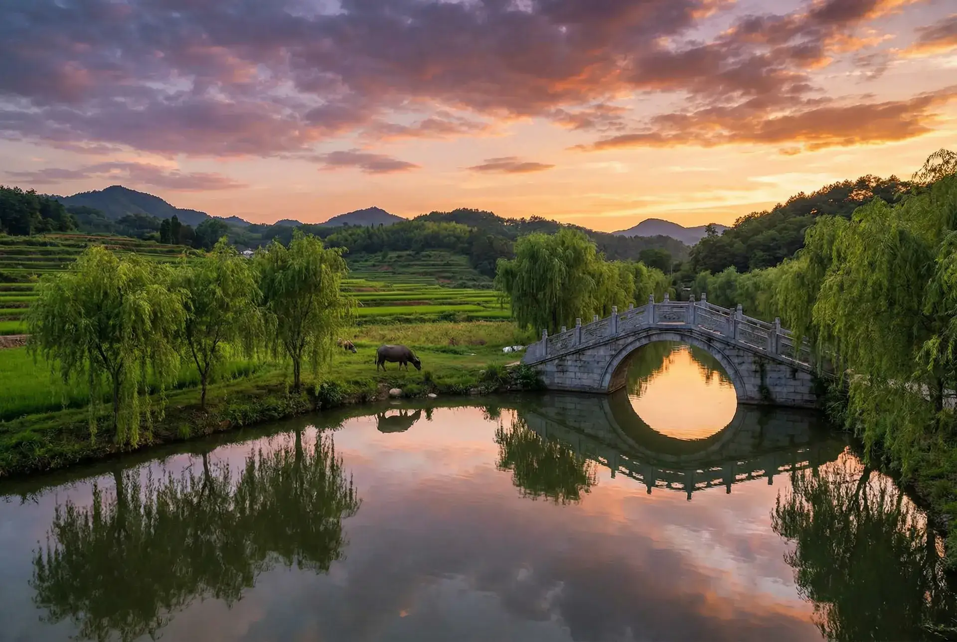夕阳下的石拱桥与垂柳，水牛在河边吃草 - 黑暗体操下载 乡村美景